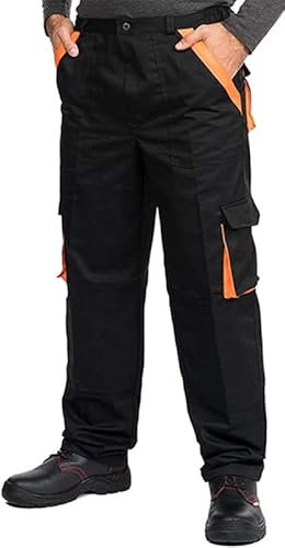 MAZALAT work wear Pantaloni da Lavoro Uomo Multitasche, Taglie Grandi S-3XL, Salopette da Lavoro, Tuta da Lavoro Uomo, Blu, Nero, Bianco, Riflettenti, Nero/Arancia, 56