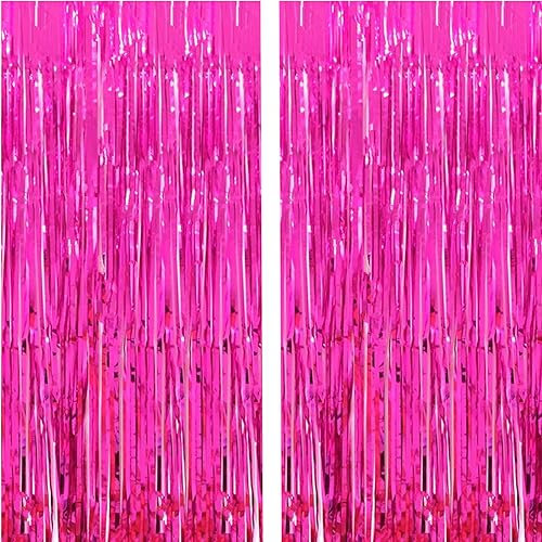 2 tende da 1 m x 2,5 m, in lamina metallizzata, colore rosa acceso, con frangia per foto, sfondo per compleanno, matrimonio, festa, festa di addio al nubilato decorazioni (rosa acceso)