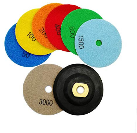 SHDIATOOL Diamante Lucidatura Pad 7 Pezzi Grana Mista e M14 Gomma Backer per Lucidare a Secco Marmo Granito Pietra Ceramica Dia 100mm/4 Pollici