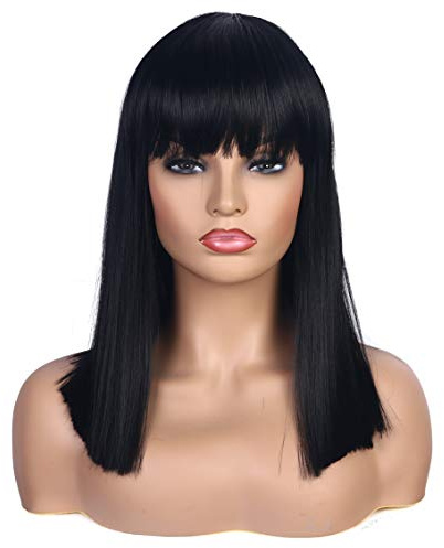 FALAMKA Schwarze Perücke mit Pony Bob Damen Perücke Lang Synthetische Black Wig Natürliche Party