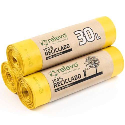 Relevo Gelbe Säcke – 45 Stück Müllbeutel 25L bis 30L mit Zugband, nachhaltig aus recyceltem Kunststoff, Anti-Leak-System, gelbe Mülltüten