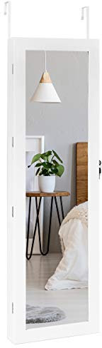GOPLUS Schmuckschrank mit LED, Schmuckregal Türmontage & Wandmontage, Schmuckkasten mit Spiegel, Wandspiegel Multifunktional, Große Kapazität, Weiß, 120 x 37 x 8,7 CM