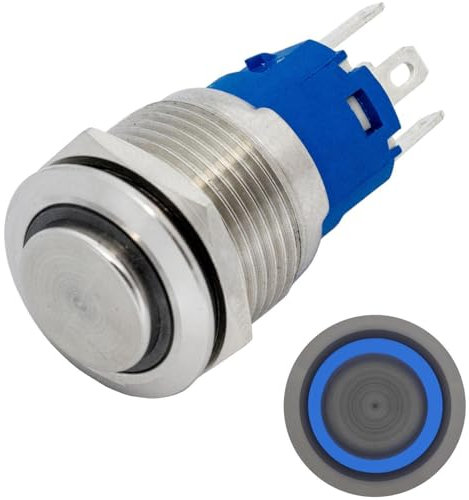 Lumonic Edelstahl Drucktaster erhaben 19mm Durchmesser I Mit einer Ring LED in Blau Maße: 2,8x0,5mm Pin s 250V 3A I Vandalismussicher nach dem IP65 Standard
