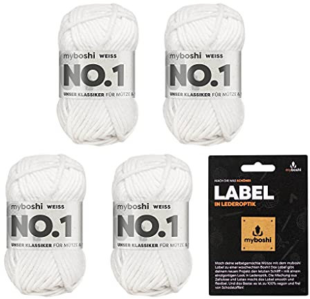 myboshi No.1 Wolle zum Häkeln und Stricken, Schnellstrickgarn, inkl. Label, Strickwolle, Häkelwolle, mulesing-frei, Ll. 55m /50g, 30% Wolle (Merinowolle) Weiß (Weiß), 4 Knäuel
