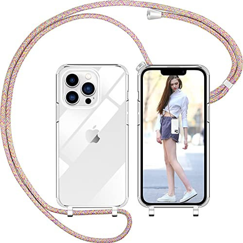 Nupcknn Funda Silicona con Cuerda para iPhone 13 Pro, Carcasa Suave Silicona Case con Correa Colgante Ajustable Collar Correa de Cuello Cadena Cordón 1.5M (Arcoíris, 6.1)