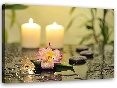 Feeby Vlies Leinwandbild Zen Spa Wassertropfen Steine 60x40 cm Wanddeko Design Kunstdruck Zimmerdeko Bilderwand Kerzen Welness Orientalisch Blume Beige