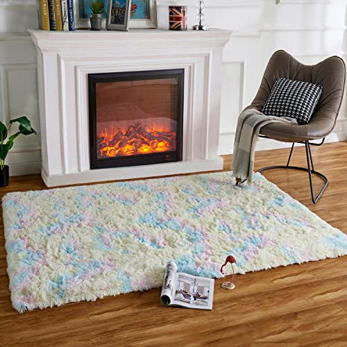 HARESLE Flauschige Teppiche, rutschfeste Tie-dye Waschbarer Teppiche für Wohnzimmer,Lounge Zimmer,Kinderzimmer (Regenbogen/160x230cm)