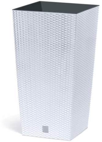 IMJ-Global Vaso Fioriera per piante Fiori DRTS H42,1 Simil Rattan da interno esterno Quadrato Alto Bianco 16,3 Litri 22,5x22,5x42,1 cm design Moderno in plastica da balcone