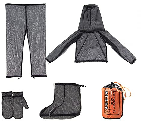 Moskito Anzug, 4 Stück ultrafeiner Mücken Schutzanzug, atmungsaktive Mückenschutz Kleidung mit Kapuze Net Mesh Jacke Hosen für Outdoor und Camping