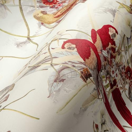 A.S. Création Papier peint intissé - Papier peint oiseau avec motif perroquet en blanc et rouge - Tapisserie papier peint pour différentes pièces - Papier peint adhesif en 10,05 m x 0,53 m