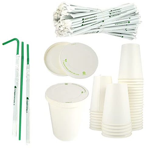 50 vasos de cartón blanco de 350 ml + 50 tapas de papel con agujero + pajitas ecológicas envueltas ideales para bebidas frías, naranjas, limonada Thé frío y bebidas