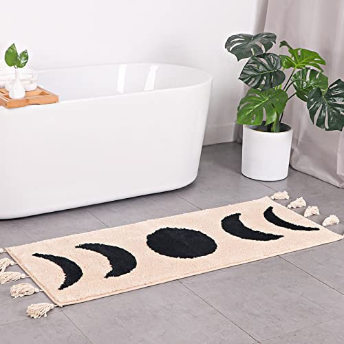 Böhmischer Läufer Mondphasen Badematte mit Quasten, Halbmond-Teppiche, College-Schlafsaal, Raumdekoration für Badezimmer, Hippie, Hexe, Teppich, Beige, Neutral, Cremig, Schwarz, lang, 50 x 152 cm