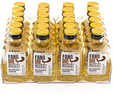 Fang die Nuss! | 24er Mini Haselnusslikör | Weich. Goldig. | 18% Vol. Alkohol | Geprüft von Eichhörnchen aus der Region | Haselnuss Flachmann | 24x 2cl Likör Klopfer Shots