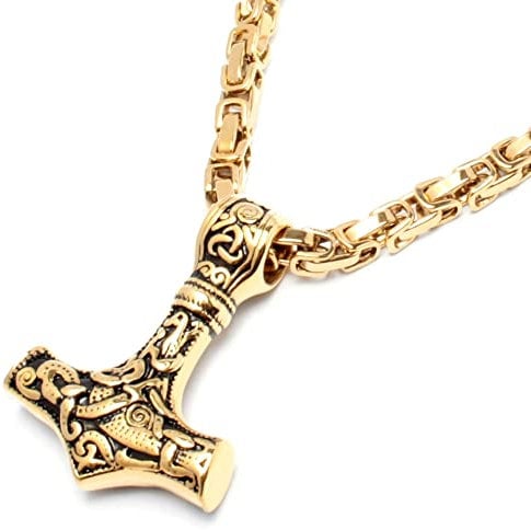 Goldener Mjölnir Thors Hammer aus vergoldetem 316L Edelstahl mit Königskette Wikingerschmuck gold Germanen-Kette Männer-Schmuck Geschenk