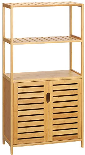 kleankin Mobiletto Bagno con 2 Ripiani Aperti e Armadietto a 2 Ante, Mobile Salvaspazio in Bambù 60x30x120cm, Naturale