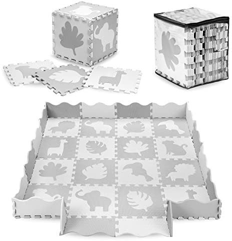 MoMi MAED00013 Tiere ZAWI Puzzle aus Eva-Schaumstoff, 16 Teile je 30 x 30 x 1 cm, ideal als Krabbelmatte (150x150 cm), Laufstall (120x 120x15 cm), Spielunterlage, Spielzeugaufbewahrung, Grau