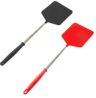 zoerbufan 2 Piezas Matamoscas Extensible, 29-72cm Matamoscas Telescópicos Longitud Ajustable, Matamoscas de Acero Inoxidable para Interior, Exterior, Cocina, Comedor (Negro, Rojo)