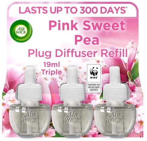 Air Wick Plug in Diffuser Triple Refill, Pink Sweet Pea, Pack 3 x19ml, Long Lasting Fragrance, Lasts up to 300 Days, Plug in Air freshener