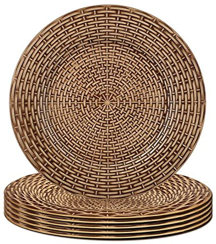 Gifturbo Rustikale Platzteller aus künstlichem Rattan, 33 cm, elegante, runde Ladegeräte für Speiseteller, Kunststoff-Ladegeräte für Hochzeit, Party, Veranstaltung, Dekoration, 6 Stück