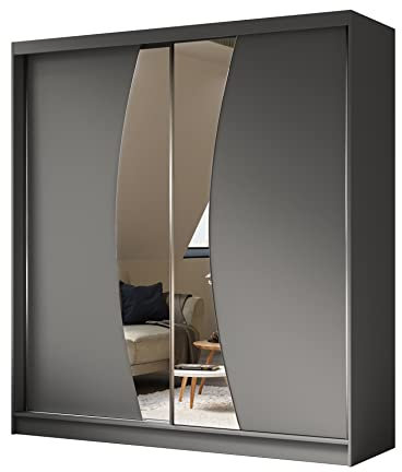 ALTDECOR Kleiderschrank mit Spiegel und Schiebetüren, kugelgelagerte Führungsschienen und Aluminium-Leisten - VOXI - 200 cm Grau