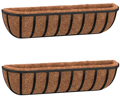 vidaXL Lot de 2 jardinières murales avec doublure en fibre de coco - Jardinière en métal - Demi-lune - Noir - 76 x 21 x 16 cm