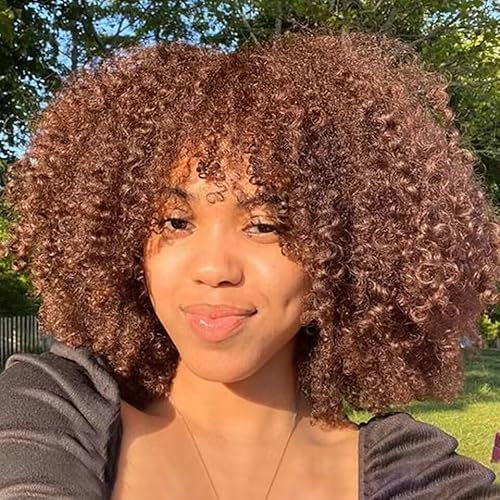 PORSMEER Afro Perücke Damen Natürliche Volle flauschig Haar Kinky Curly Bob Wig mit Pony für frauen, Lockige Synthetische Perücke für party cosplay täglich,braune Perücke 14inch