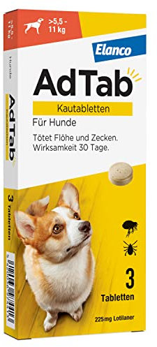 AdTab Hunde Zecken- und Flohschutz (über 5,5 bis 11 kg), Kautablette tötet Zecken und Flöhe schnell ab und schützt einen Monat lang, leicht zu verabreichen (3 St. pro Packung)