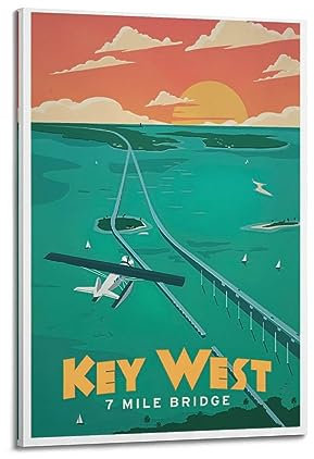 NOHF Vintage Poster Key West 7 Mile Bridge Travel Vintage Art Poster Wandkunstdruck Retro Ästhetische Raumdekoration Bürodekorationen 20 x 30 cm Rahmen Stil