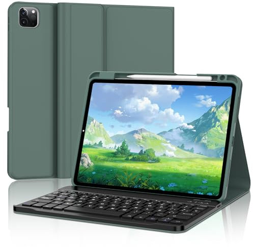 JADEMALL Funda con Teclado para iPad Air 5 2022 & Air 4 2020, Español Ñ Teclado Bluetooth Inalámbrico Desmontable con Funda y Portalápices para iPad Air 10.9/iPad Pro 11''(4/3/2/1 Gen), Verde Oscuro