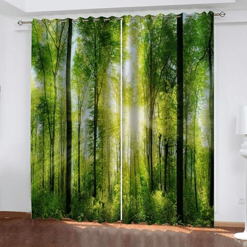 Vorhiange Blickdicht Mit Motiv Fuir Das Schlafzimmer Grüner Wald 210cm lang 220cm Breite 3D Gedruckt Gardinen Mit Osen 3D Muster Wohnzimmer Schlafzimmer