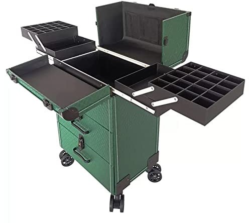 Multi-Functional Cosmetic Train Case, Large Trolley Storage Case, Rolling Cosmetic Organizer with 4 Rolling Wheels, for Nail Supplies Cosmetology Case for Make-up Artist, Green Cosmetic case