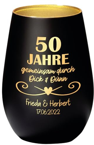 Geschenke.de Windlicht personalisiert Goldene Hochzeit Durch dick & Dünn mit Namen & Datum – Teelichthalter mit Gravur zum 50. Jahre Jubiläum – Geschenkidee für Eltern, Großeltern – Schwarz-Gold