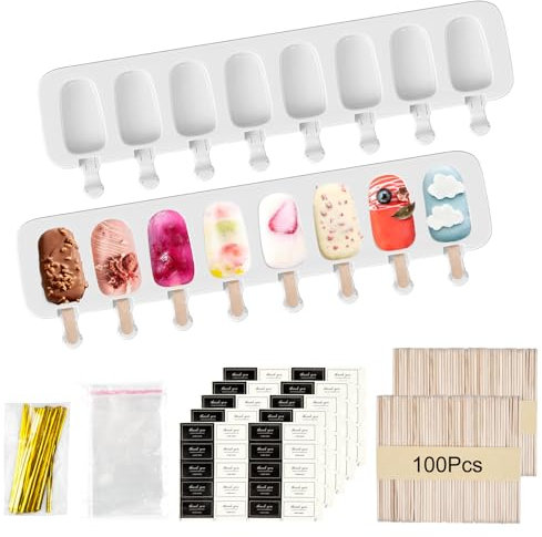 2 Silikon Eisformen, 8 Kavitäten Eis Am Stiel Formen, Magnum Cake Form Cakesicles Silikonform Ice Lolly Mould mit 100 Holzstielen 50 Selbstklebende Beutel 100 Verpackungsdraht 100 Aufkleber MERHWEG