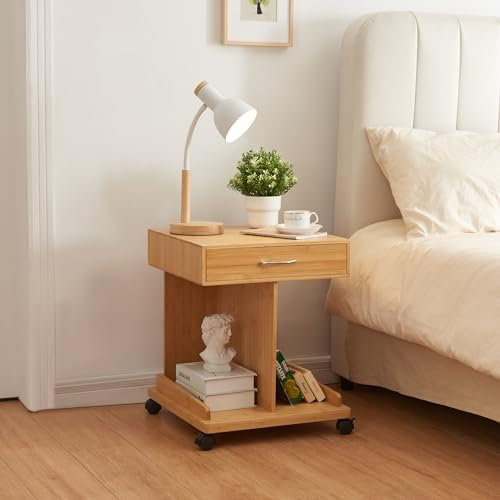 [en.casa] Beistelltisch mit Rollen Jokkmokk Rolltisch Abstelltisch mit Schublade Bambus Nachttisch auf Rollen 56,5 x 43 x 43 cm Wohnzimmertisch Sofatisch