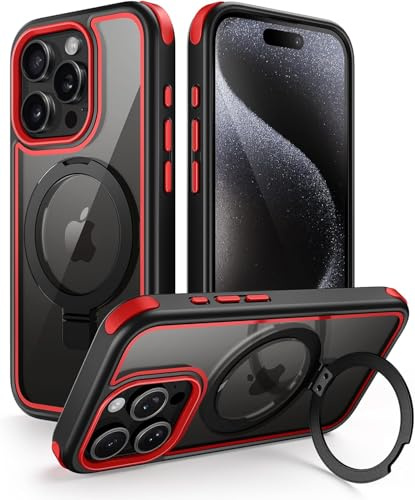 MobNano for iPhone 15 Pro Case with Stand, Compatible with MagSafe, Crystal Clear, Military-Grade Protection, Magnetic Ring Holder & Protective Bumpers, Outdoor Case Cover - Black/Red