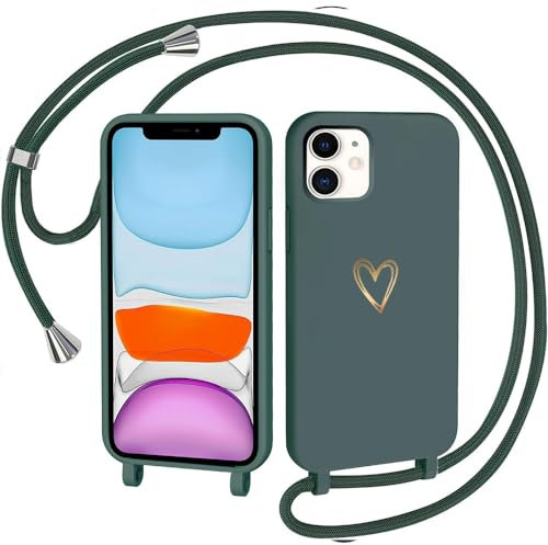 CaseLover Handyband kompatibel mit iPhone 11 Hülle mit Band, Herz Muster Silikon Necklace Handyhülle mit Abnehmbar Kordel zum Umhängen Stossfest Bumper Handy Schutzhülle für iPhone 11 6.1, Grün