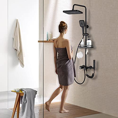 Dnkelar Duschsystem, Duschstange Höhenverstellbar, Duschset mit Mischbatterie, Duschsystem mit Regendusche, Regal und Handbrause mit 3 Strahlarten (Ohne Thermostat-LED Display-Schwarz-6)