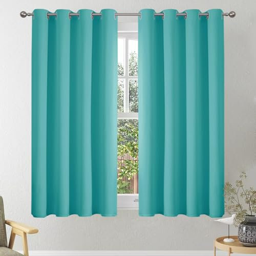 VEHEDE Verdunklungsvorhänge mit Ösen, Blickdichte Gardinen Thermovorhang Kälteschutz Thermogardine Hitzeschutz für Mädchen, Fenster Vorhänge Kurz für Schlafzimmer, H 137 x B 140 cm, Türkis, 2er Set