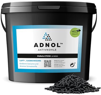 ADNOL® Pellet di carbone attivo 5 litri in gusci di cocco per purificazione dell'aria e pulizia del gas, ad esempio per cappe aspiranti, CTC50, diametro 4 mm, classe energetica A, utilizzabile come
