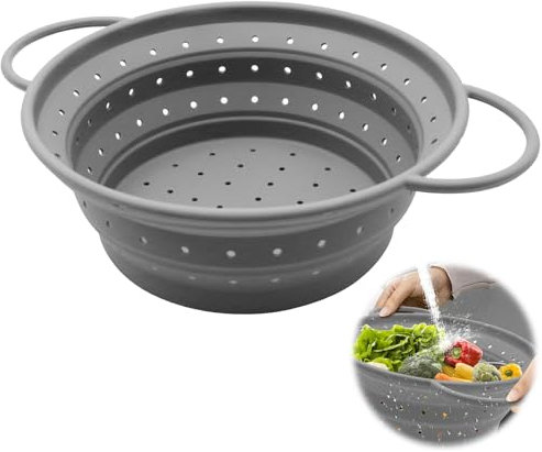 WYYFXY® Sieb Faltbar Silikon, Nudelsieb Faltbar 26cm Abtropfsieb Silikon Groß Pasta Strainer Spülmaschinenfest für Abtropfen von Nudeln, Obst, Gemüse (Grau)