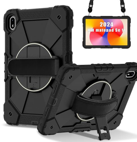 BARALARIQIU Stock Funda para Huawei MatePad SE 11 2024 11 Pulgadas 2023, Correa de Mano/Soporte Giratorio 360°, Tirante para Hombro, Huawei MatePad SE 11 Tablet Funda, Negro