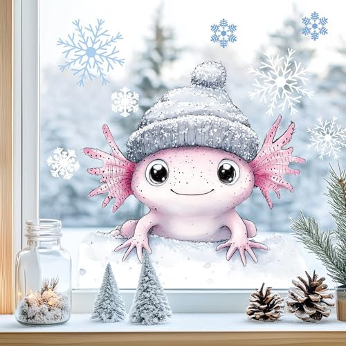 Sunnywall Fensterbilder Winter für Kinder Tiermotive in Winterszene als statisch haftende Fenstersticker, WIEDERVERWENDBAR (Axolotl, A2 Bogen)