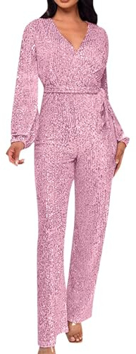 Foweknow Jumpsuit Damen Elegant Pailletten Rompers Glitzer Elegante Tiefe V-Ausschnitt Overall Damen Hohe Taille Playsuit Cocktail Party Festlich Sommerhose Playsuits Partykleid Ballkleid