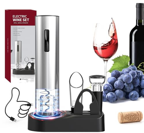 CIRCLE JOY Tire-bouchon électrique 5-en-1 Décapsuleur rechargeable en acier inoxydable avec Coupe-capsule, Bouchon sous vide et verseur de vin, cadeau de vin pour les amis et la famille