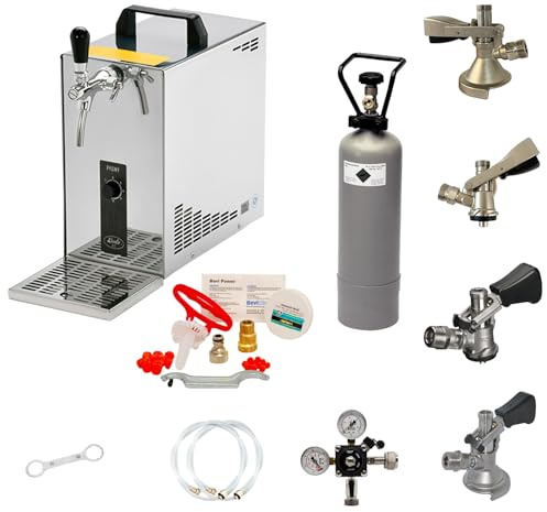Komplett Set - Zapfanlage, Bierzapfanlage, Bierkoffer, Durchlaufkühler PYGMY 25 1-leitig Trockenkühler, 35 Liter/h, Reinigungsset für Zapfanlage und Keg, Set 4 Zapfköpfe