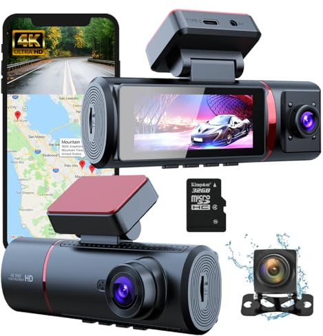 Fleau Tech 4K Dashcam for Car – 3-in-1 Front and Rear Camera – WiFi & GPS – 3.5” screen – G-sensor – Parking Mode – Loop Recording – 170° Wide Angle Lens