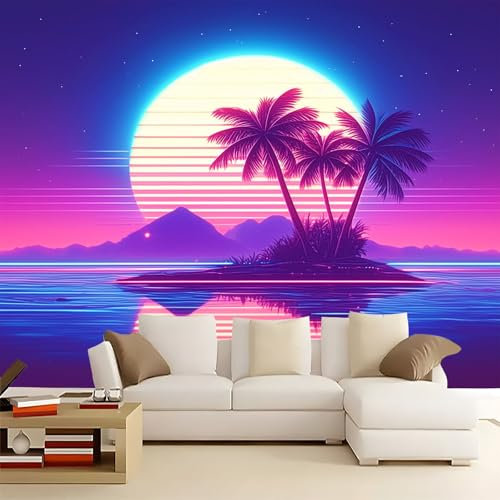 Papier peint panoramique Île de palmiers style vague synthétique 150 x 105 cm - Revêtement mural décoration pour chambre salon - XXL Tableaux Muraux Tapisserie Photo Décoration Murale