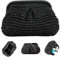 Bolsa de paja para mujeres 9.8x2.4x6.7 bolsas de cuerpo cruzado de paja con forro de poliéster y correa de cadena desmontable fácil de juego negro tejido para verano, playa, al aire libre.