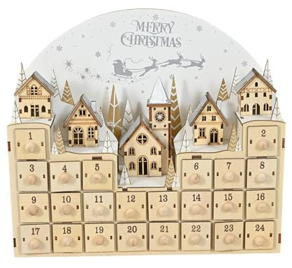 Ksikdeg Calendrier de l'Avent en bois éclairé par LED avec arbre lumineux et renne de Noël