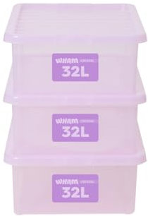 Wham Crystal Plastic Storage Boxes With Lids Home Office Stackable Nestable Container Box, 32L Easy fit Underbed Protective Storage Box, 60 x 40 x 18 cm - Tint Lilac (Set of 3)